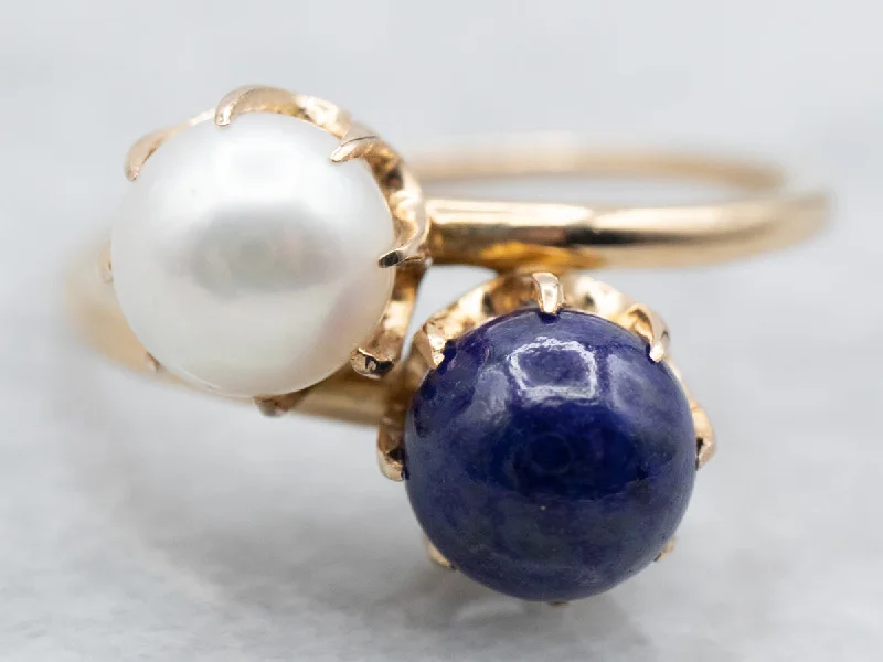 Dual metal rings-Vintage Gold Pearl and Lapis Bypass Ring