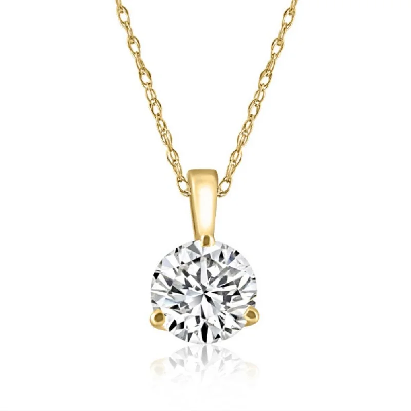 Flat gem necklaces-VS 1Ct Round Moissanite 3-Prong Martini Solitaire Pendant 14k Yellow Gold