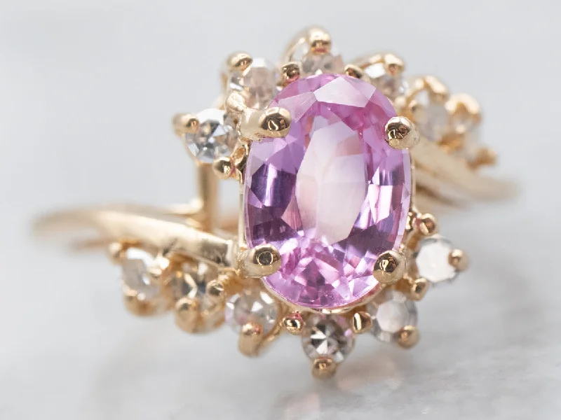 Birch grain rings-Pretty Pink Sapphire and Diamond Halo Bypass Ring