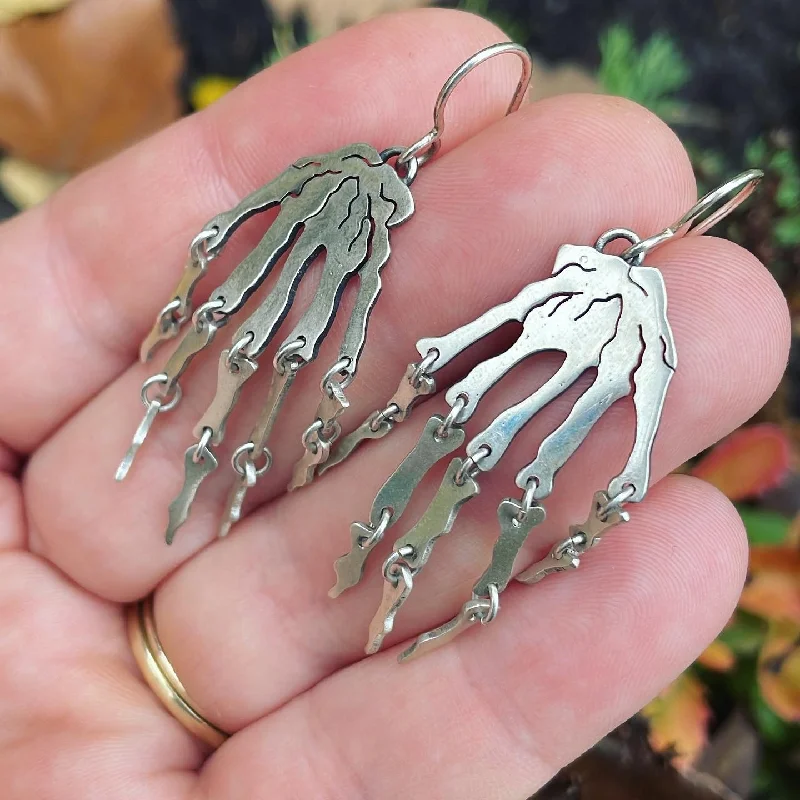 Flat badge earrings-Sterling Silver Skeleton Hands