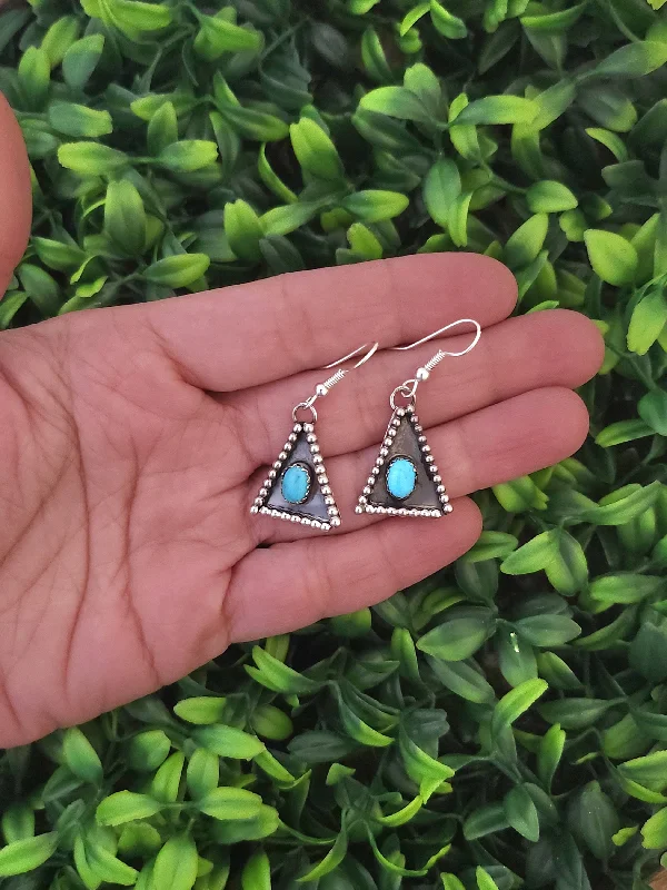 Bloom pattern earrings-Sterling Silver Turquoise Stone Triangle Dangle Earrings