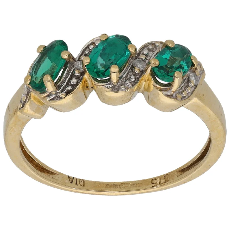 Cool wood rings-9ct Gold Man Made Emerald & 0.02ct Diamond Dress/Cocktail Ring Size L