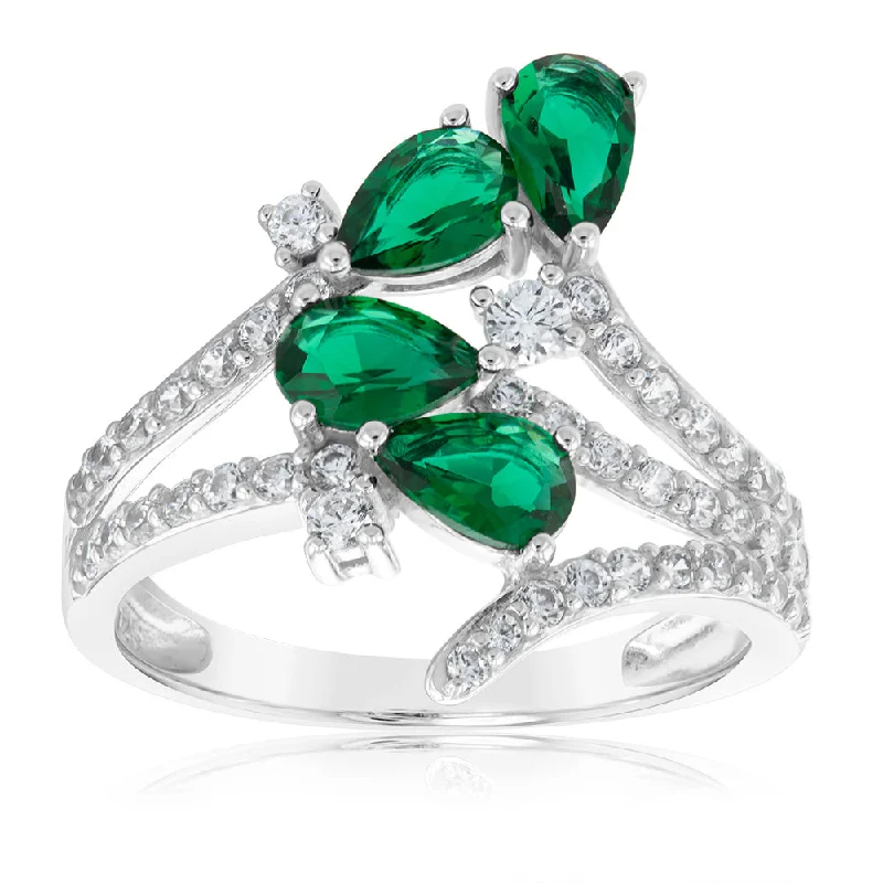 Sapphire inlay rings-Sterling Silver Rhodium Plated Created Emerald And White Cubic Zirconia Ring