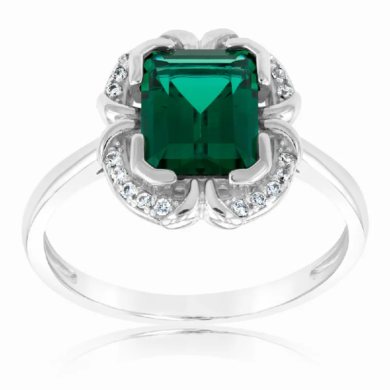 Edwardian style rings-Sterling Silver Rhodium Plated Emerald And Cubic Zirconia Ring