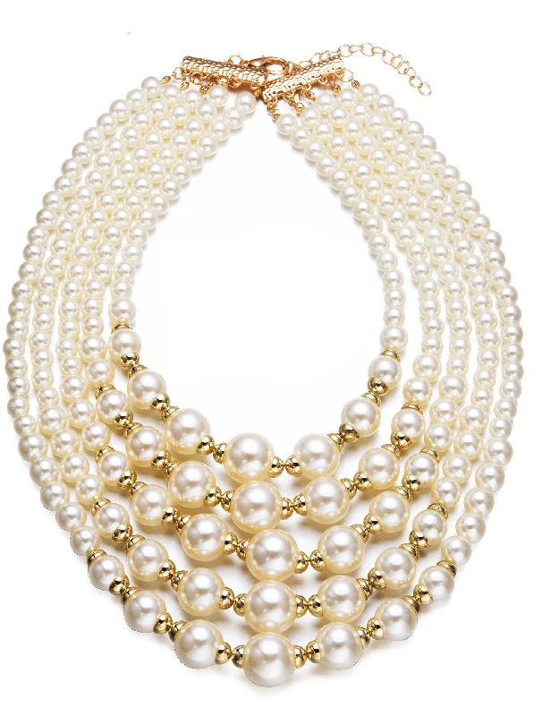 Broad bib necklaces-18k Gold Multi Layer Pearl Necklace