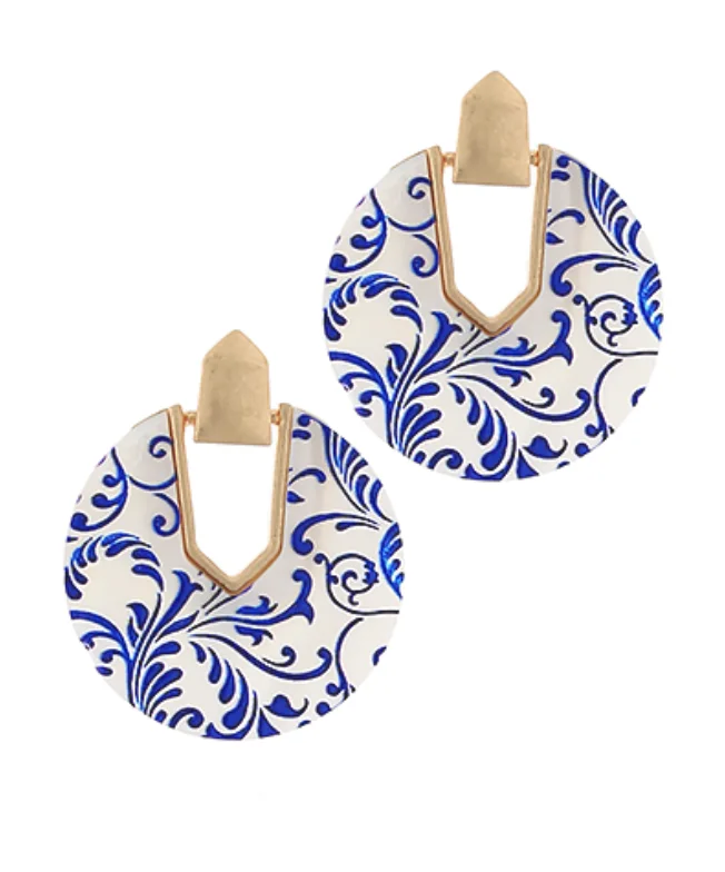 Bent drop earrings-Blue Pattern Dangle Earrings