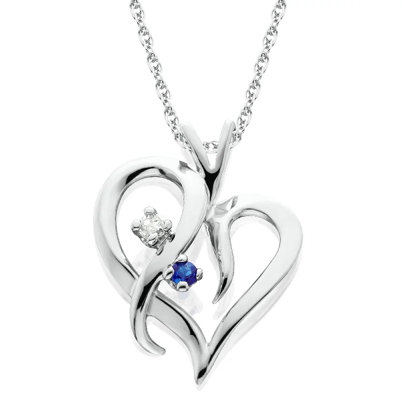 Thick weave necklaces-Blue Sapphire & Diamond Heart Pendant 14 KT White Gold With 18" Chain