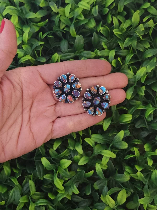 Pure stud earrings-Stamped Sterling Silver Spiny Dahlia Turquoise Cluster Earrings