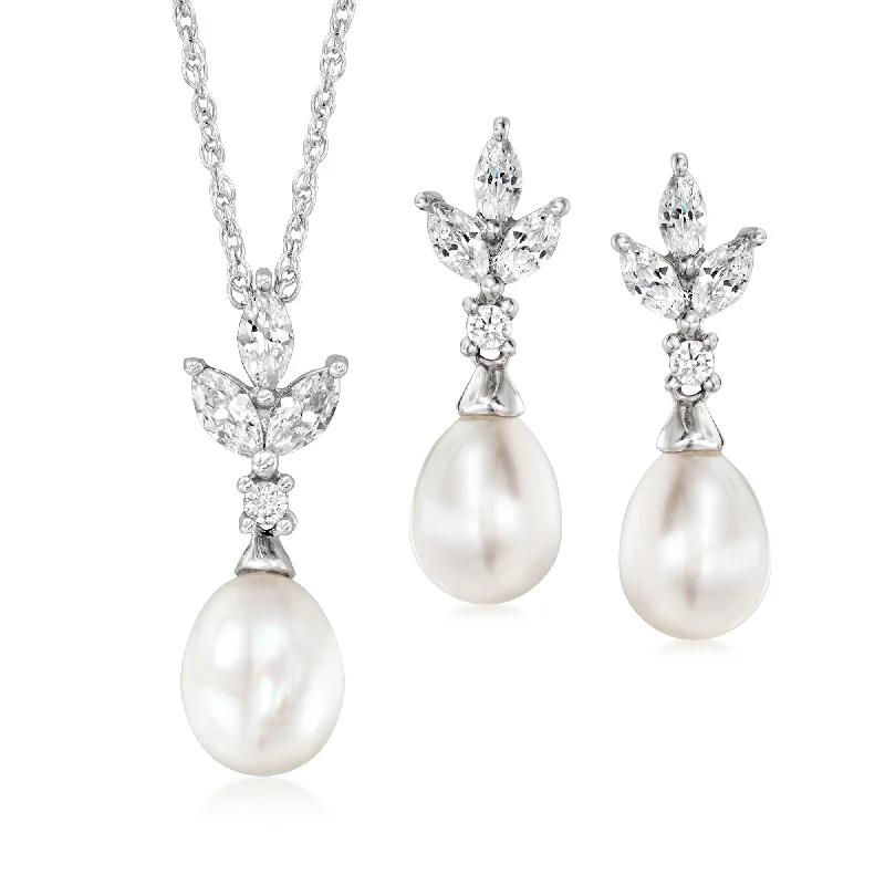 Thick weave necklaces-Ross-Simons 6-7.5mm Cultured Pearl and . CZ Jewelry Set: Earrings and Pendant Necklace in Sterling Silver