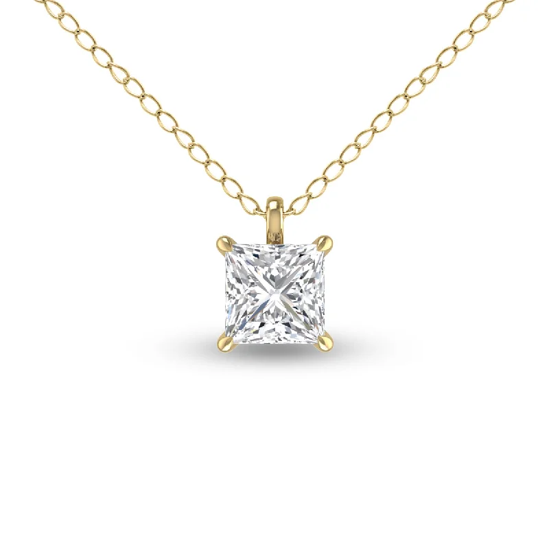 Dull silver necklaces-Lab Grown 3/4 Carat Princess Cut Solitaire Diamond Pendant In 14K Yellow Gold