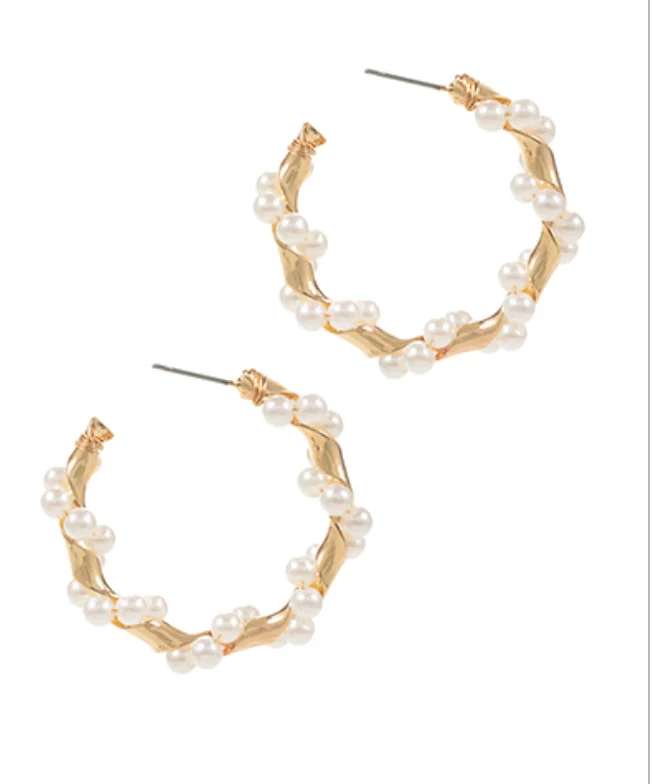 Swirl drop earrings-Twisted Pearl Hoop Earrings