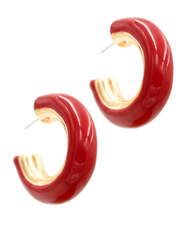 Thin triangle earrings-Chunky Enamel Red Hoop Earrings