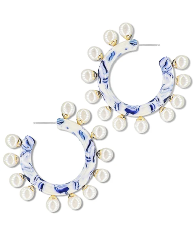 Flax thread earrings-Blue Cream Pearl Hoop Earrings