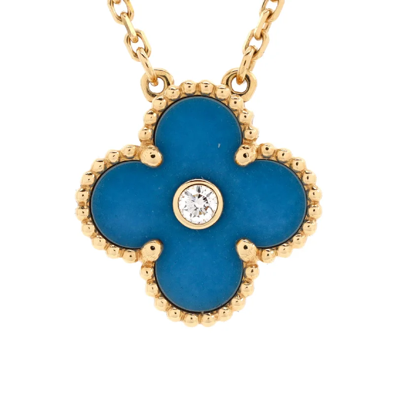 Fold knot necklaces-Vintage Alhambra Pendant Necklace 18K Yellow Gold and Blue Sevres Porcelain with Diamond