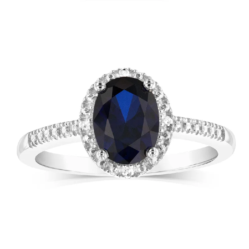 Aged bronze rings-Created Sapphire 1.40 Carats Sterling Silver 4 Diamond Oval Shaped Ring