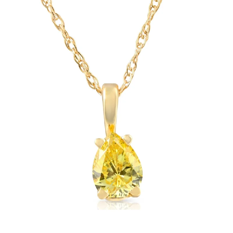 Cord fringe necklaces-1/4Ct Canary Yellow Pear Diamond Lab Grown Pendant 14k Yellow Gold Necklace