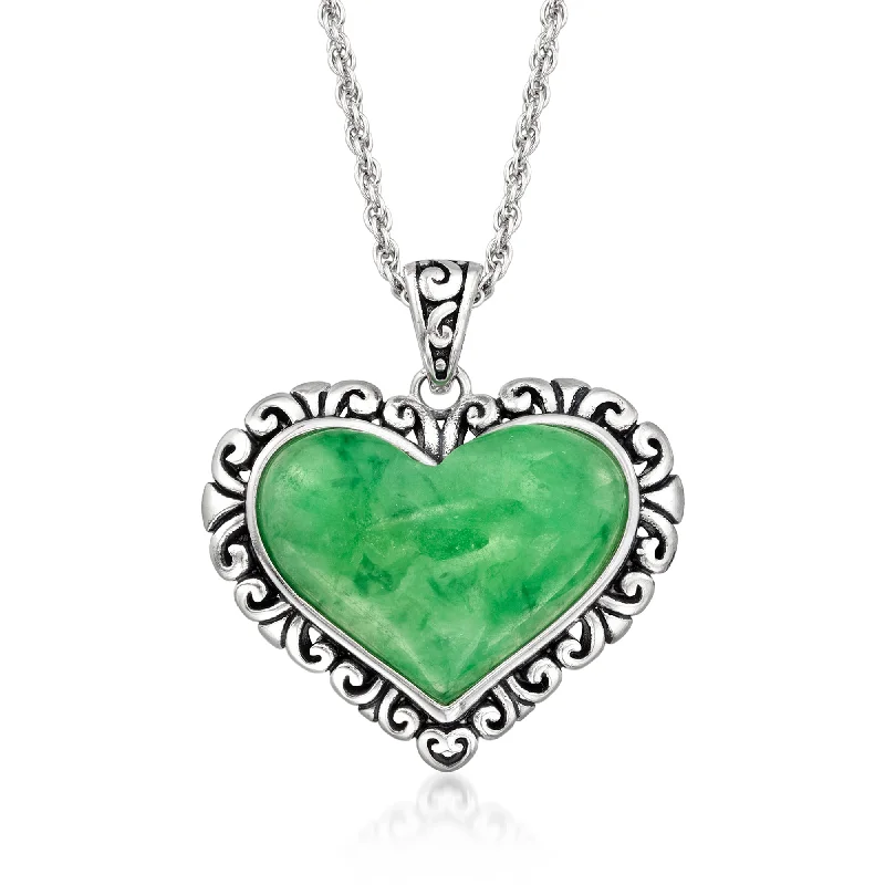 Shiny gold necklaces-Ross-Simons Jade Heart Pendant Necklace in Sterling Silver