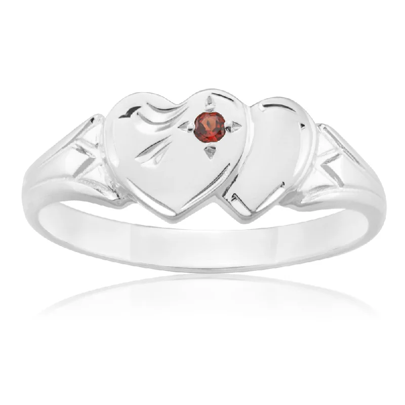 Bloom carved rings-Sterling Silver Garnet 2Heart Signet Ring Size H