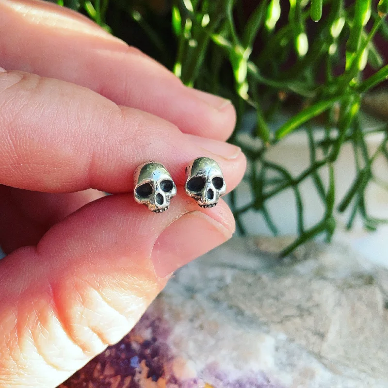 Thick cuff earrings-Sterling Silver Skull Post Earrings