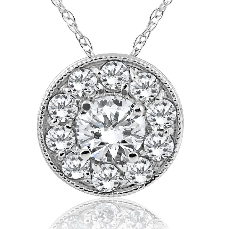 Timeless locket necklaces-5/8ct Halo Diamond Solitaire Pendant 14K White Gold Vintage