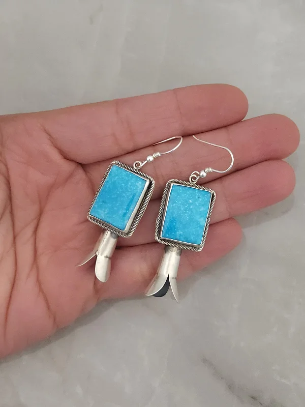 Ruby stud earrings-Stamped Sterling Silver Turquoise Square Blossom Dangle Earrings