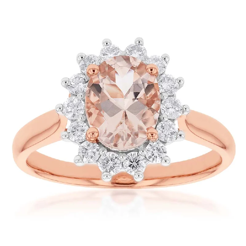 Ruby solitaire rings-9ct Rose Gold 1.50ct Morganite and 0.50ct Diamond Halo Ring