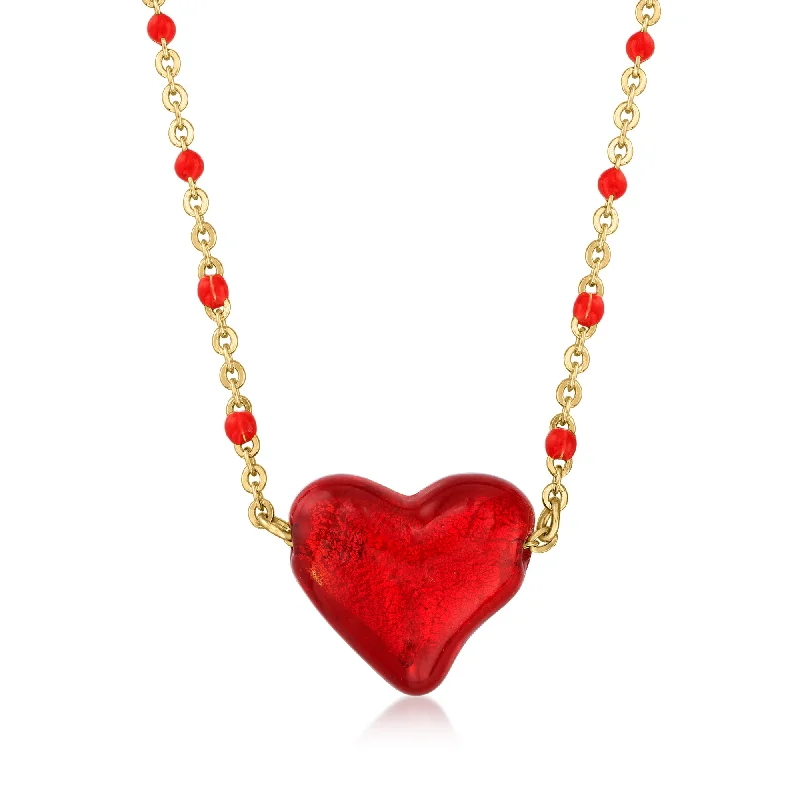 Thin beaded necklaces-Ross-Simons Italian Red Murano Glass Heart Bead Necklace in 18kt Gold Over Sterling