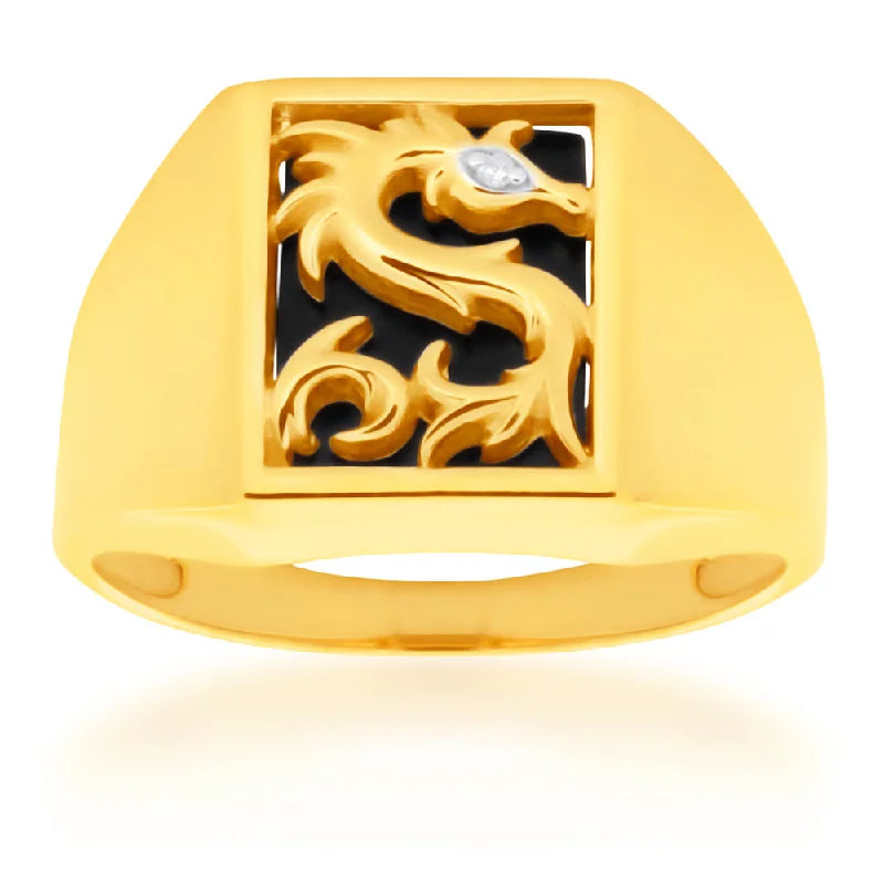 Fluid art rings-9ct Yellow Gold Onyx and Diamond Dragon Gents Ring