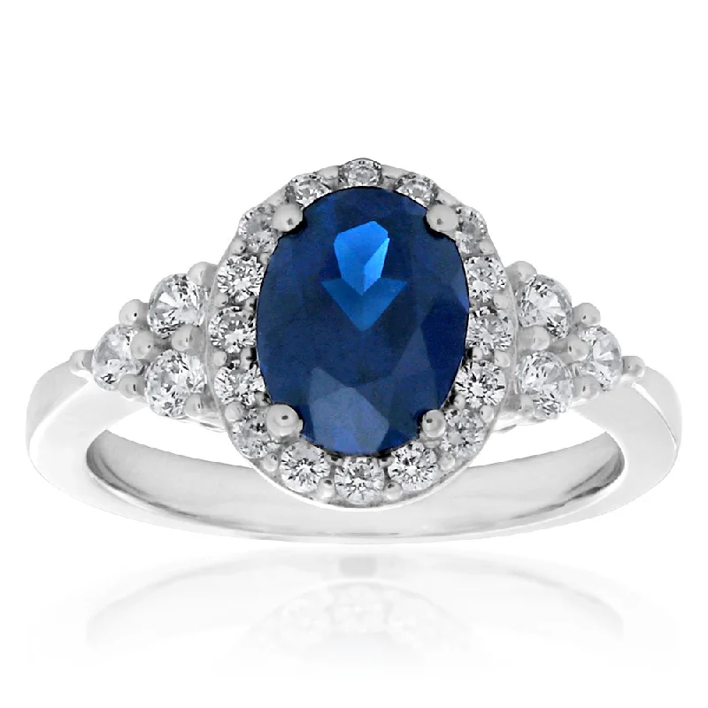 Joy charm rings-Sterling Silver Created Sapphire and White Zirconia Oval Ring