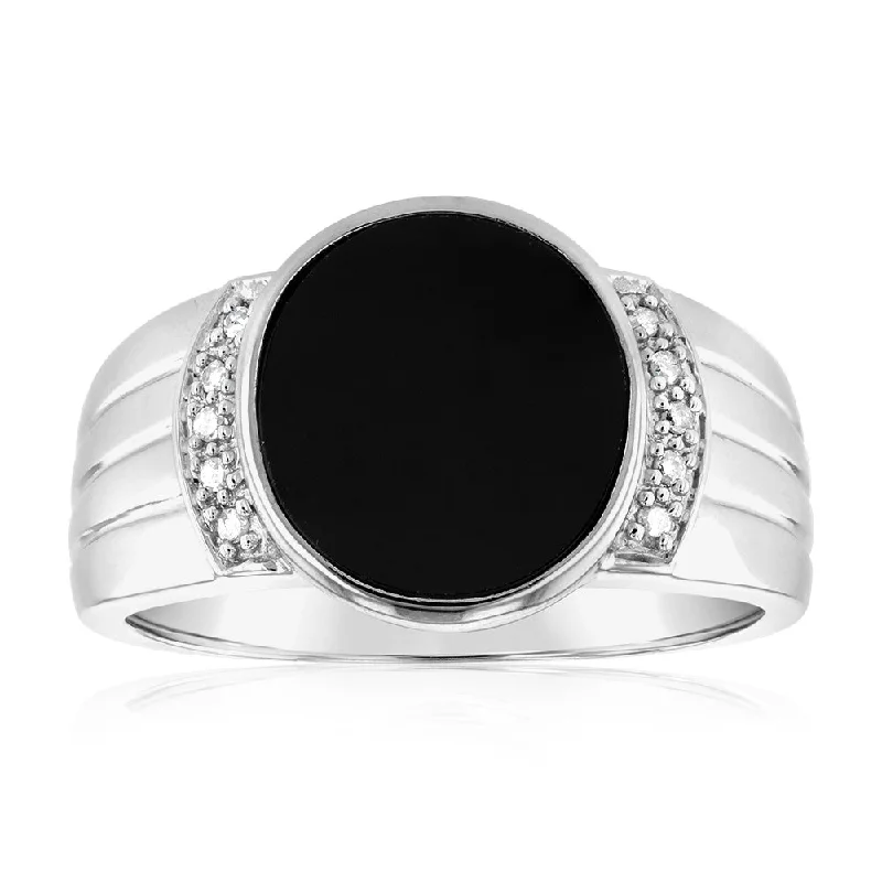 Slim wing rings-Sterling Silver 1.5Carat Agate & Small Diamond Gents Ring