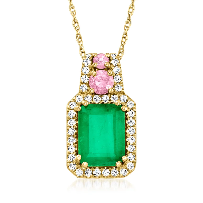 Bear charm necklaces-Ross-Simons Emerald and . Pink Sapphire Pendant Necklace With . Diamonds in 14kt Yellow Gold