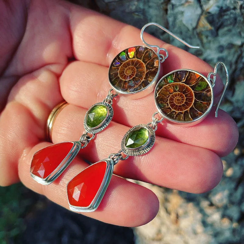 Multi-drop earrings-Inlay Ammonite, Peridot, Carnelian and Sterling Silver earrings