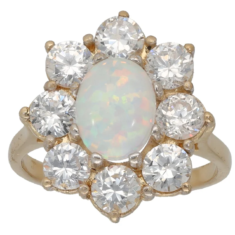 Thick band rings-9ct Gold Man Made Opal & Cubic Zirconia Cluster Ring Size O