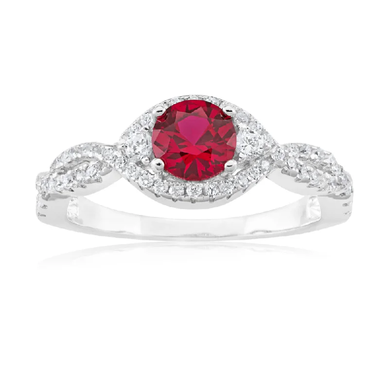 Cord edge rings-Sterling Silver Created Ruby and Zirconia Ring