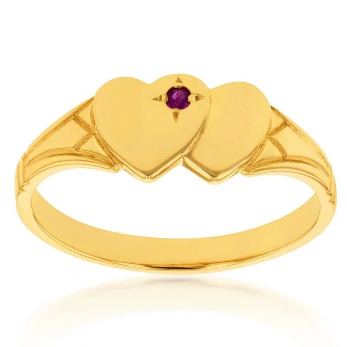 Fold knot rings-9ct Yellow Gold Ruby 2Heart Signet Ring Size H