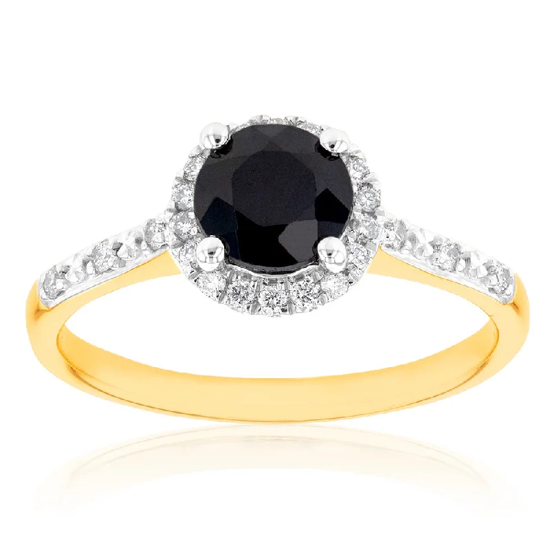 Fine thread rings-9ct Yellow Gold 1.20ct Natural Sapphire and 1/10 Carat Diamond Halo Ring