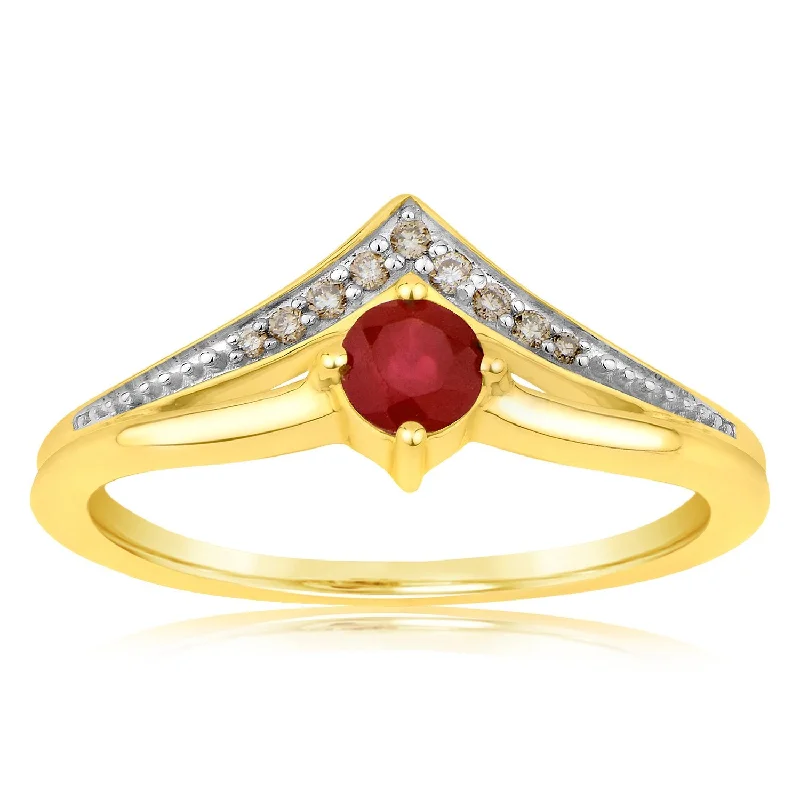 Worn flair rings-9ct Yellow Gold Diamond And Created Round Ruby Ring