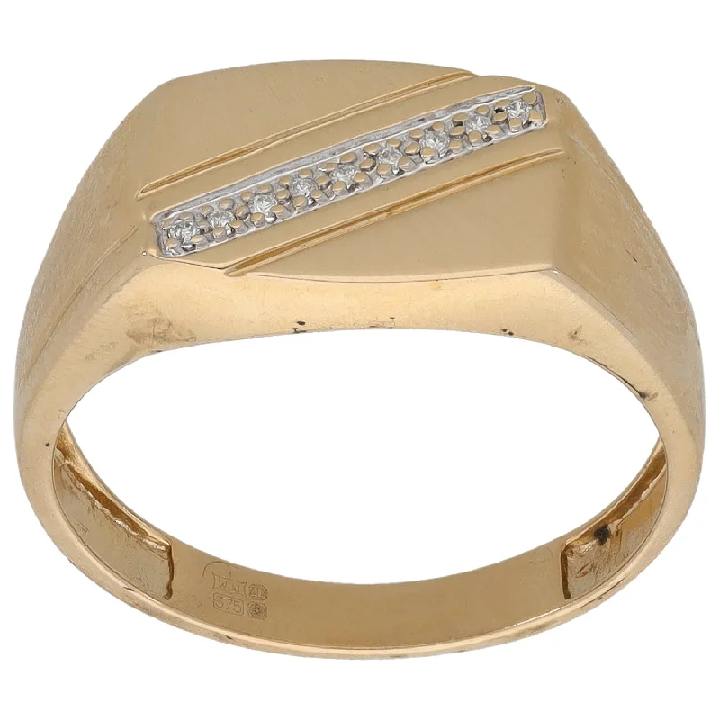 Worn deco rings-9ct Gold 0.04ct Diamond Patterned Signet Ring Size V