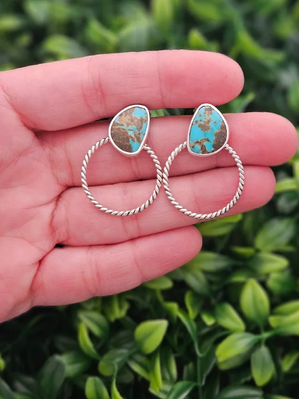 Flat stud earrings-Sterling Silver Turquoise Rope Twist Hoop Earrings