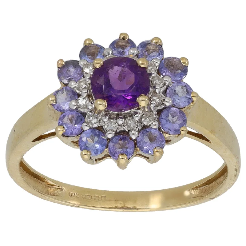 Swirl style rings-9ct Gold 0.12ct Diamond & Amethyst & Tanzanite Dress/Cocktail Ring Size P