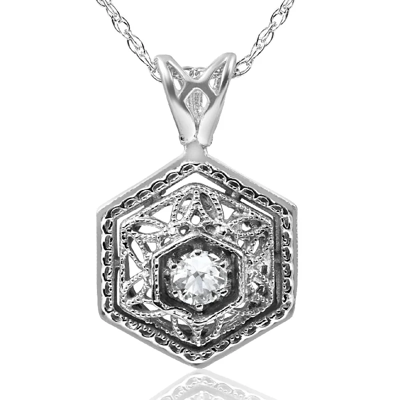 Fine thread necklaces-Solitaire EX3 Lab Grown Diamond Vintage Pendant 14K White Gold 17.65mm