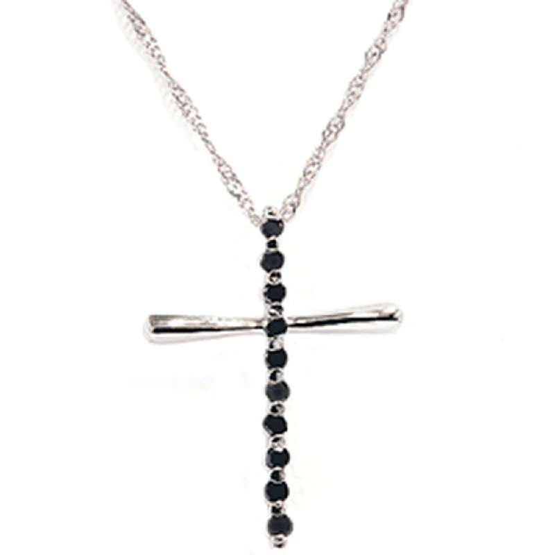 Clear bead necklaces-Black Round Diamond Solid 14 Karat White Gold Cross Pendant Necklace