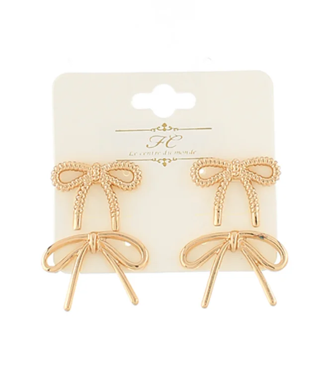 Thin texture earrings-Double Cuteness Bow Earrings