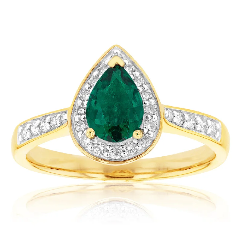 Heavy stone rings-9ct Yellow Gold Created Emerald and 1/5 Carat Diamond Pear Halo Ring