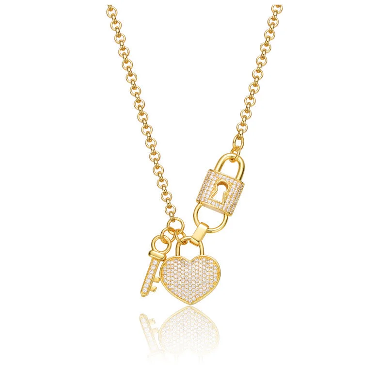 Nymph wing necklaces-Sterling Silver 14k Gold Plated with Clear Cubic Zirconia Heart & Padlock Charm Necklace