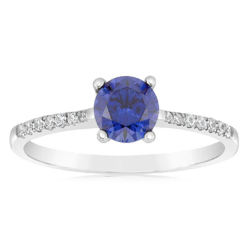 Round shape rings-Sterling Silver Blue Sapphire Zirconia 4 Claw Ring