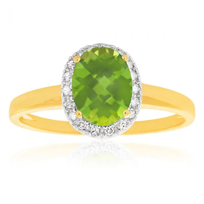 Bead-twisted rings-9ct Yellow Gold & White Gold Peridot and Diamond Halo Ring