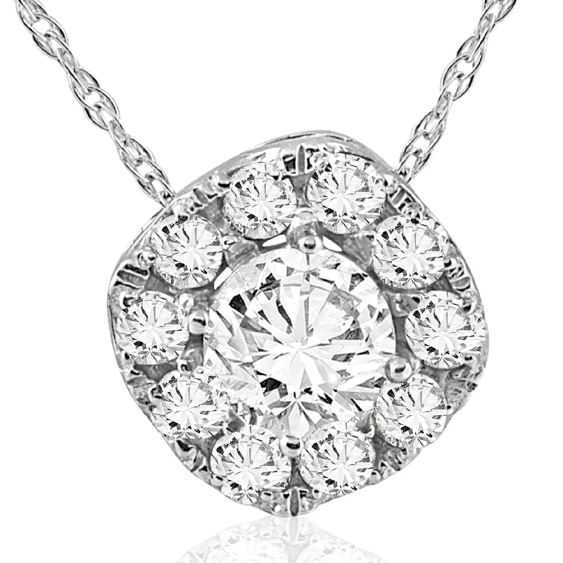 Spinel necklaces-5/8ct Cushion Halo Round Diamond Pendant 14K White Gold