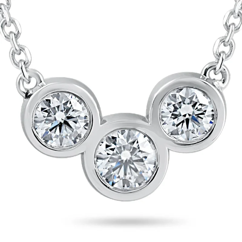 Fine art necklaces-1 3/4ct Diamond 3 Stone Bezel Pendant 14k White Gold 18" Lobster Clasp Lab Grown