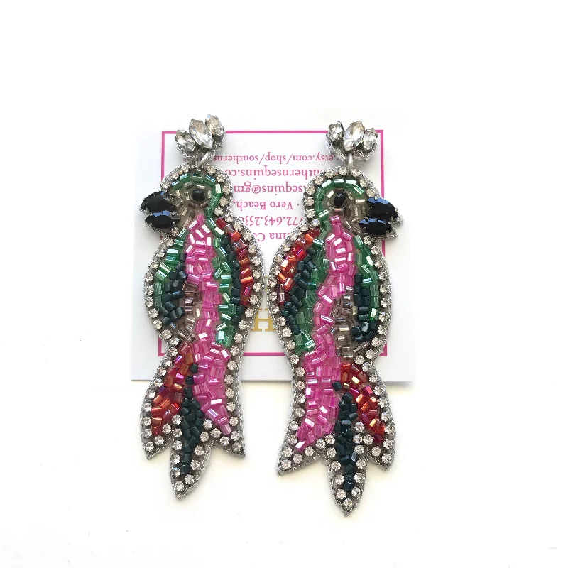 Thin star earrings-Crystal and Sequin Beaded Parrot Drop Earrings